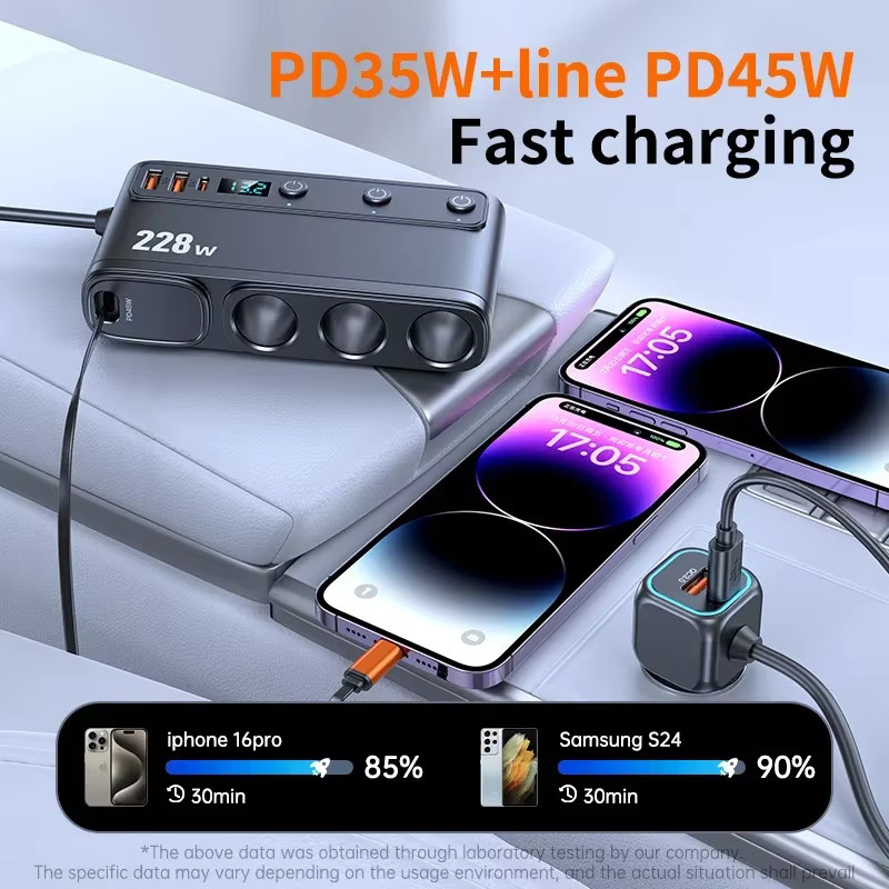kebidumei 9 in 1 Auto Schnellladegerät Adapter mit 228 W, DC Zigarettenausgang, PD 3 Steckdose und unabhängigen Schaltern, Schwarz - Bild 2