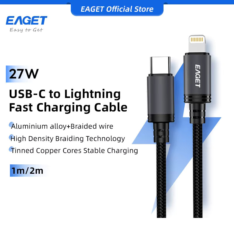 EAGET USB-C zu Lightning 27W Schnellladekabel in Schwarz mit Nylon-Ummantelung und verzinnter Kupferkern für iPhone und iPad - Bild 4