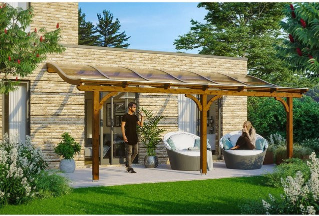 Skan Holz Terrassenüberdachung Venezia aus Leimholz in Nussbaum Braun, B/T/H: 648 x 339 cm mit Polycarbonat Dach - Bild 1