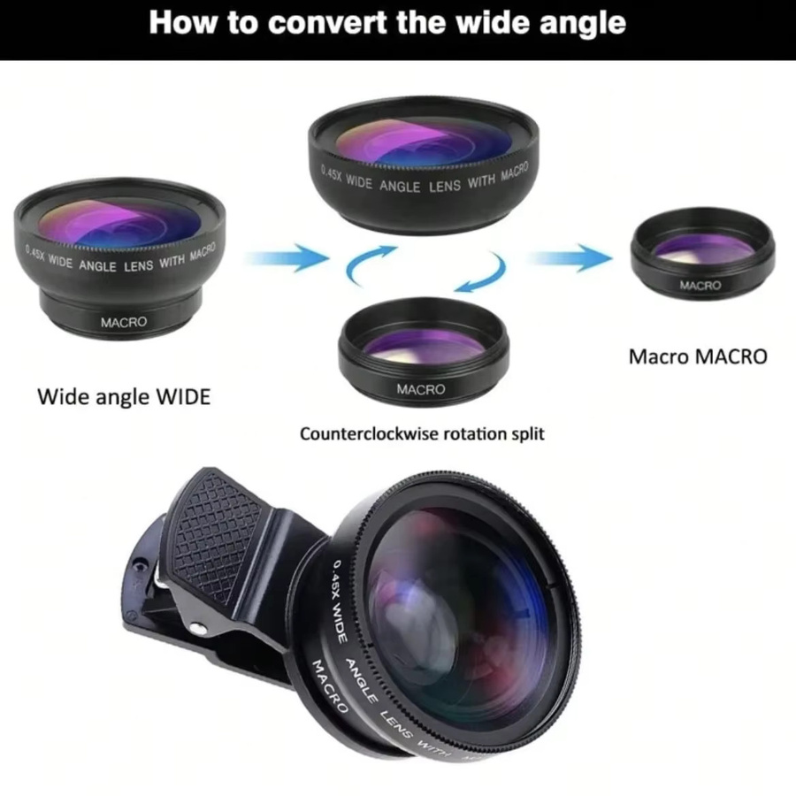 2-in-1 Clip-On Handy-Kameraobjektiv-Set in Schwarz mit Superweitwinkel- und Makro-HD-Objektiv (37 mm, 0,45x/49 UV) - Bild 2