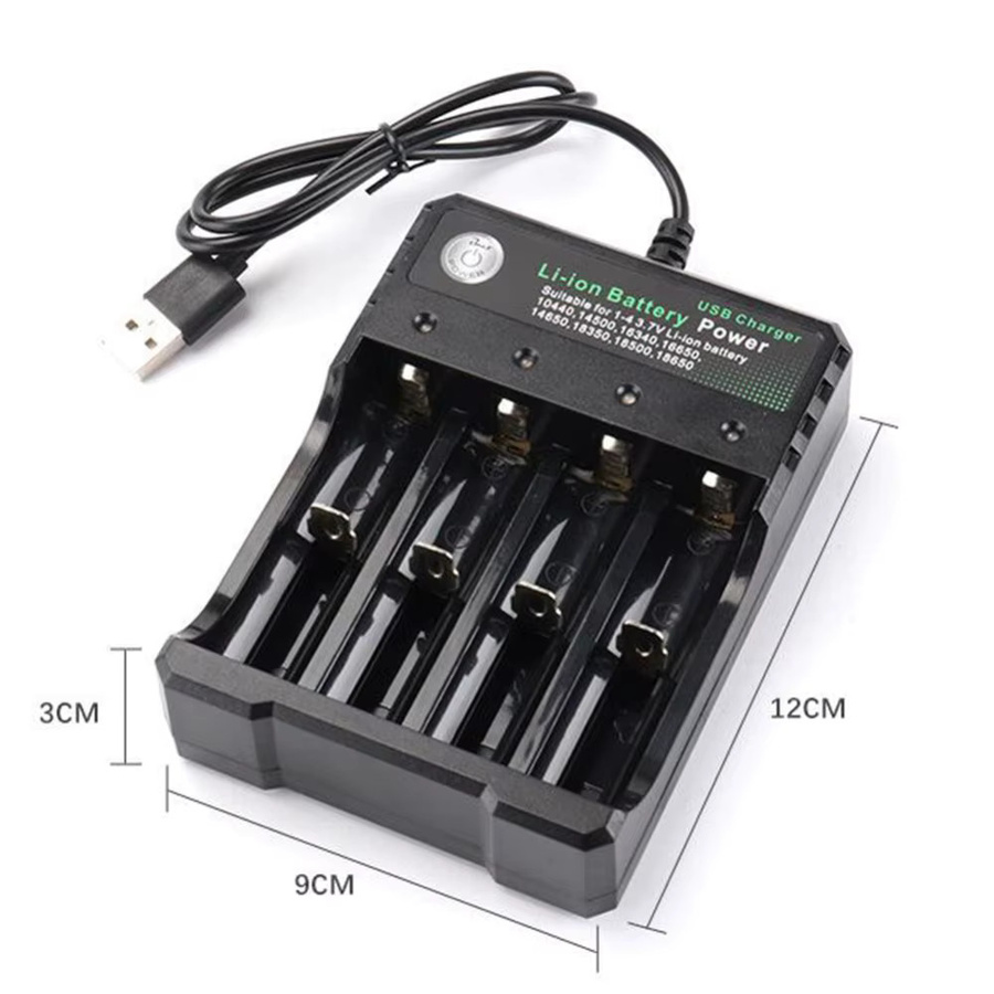 AILEHKUO Li-Ionen-Batterieladegerät mit 2/3/4 Steckplätzen, USB-A und DC, 4,2V für 18650 18350 16340 14500 18500 26650 Akkus, Schwarz - Bild 3