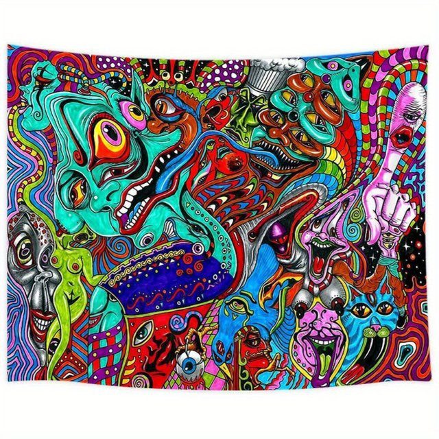 VIKAMA Monster Wandteppich mit psychedelischem Grafikdesign in Multicolour für deine spirituelle Boho-Raumdekoration - Bild 1