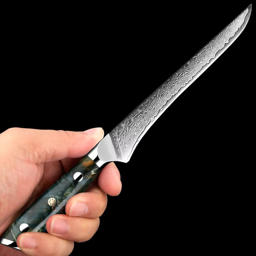 Xituo Damast Ausbeinmesser aus Edelstahl mit VG-10 Stahlklinge und stabilisiertem Holzgriff in Multicolour, Full Tang Filetmesser für Fisch und Fleisch - Bild 4
