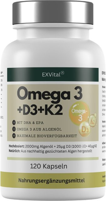 EXVital Omega 3 + D3 & K2 Kapseln aus Algenöl, vegan, 120 Kapseln - Bild 1