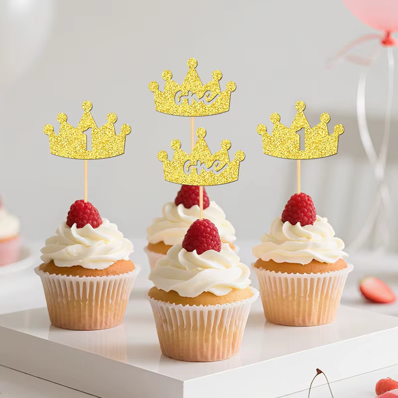 YOMDID 24 Stück Glitzer-Kronen-Cupcake-Topper in Gold für Geburtstag und Babyparty als Kuchenaufsätze und Partydekoration - Bild 6