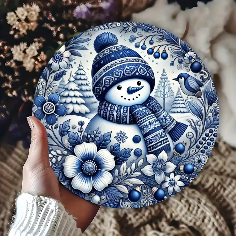 Potdemiel Schneemann-Kranz aus Metall in Blau und Weiß mit Schneeflocken als runde Winterdekoration für Wand oder Tisch, Durchmesser: 20 cm - Bild 2