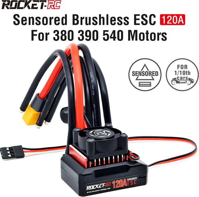 Rocket-RC 120A Sensored Brushless ESC für 1/10 RC Rennwagen, mit abnehmbarem Lüfter, Super BEC 6V/4A - Bild 1