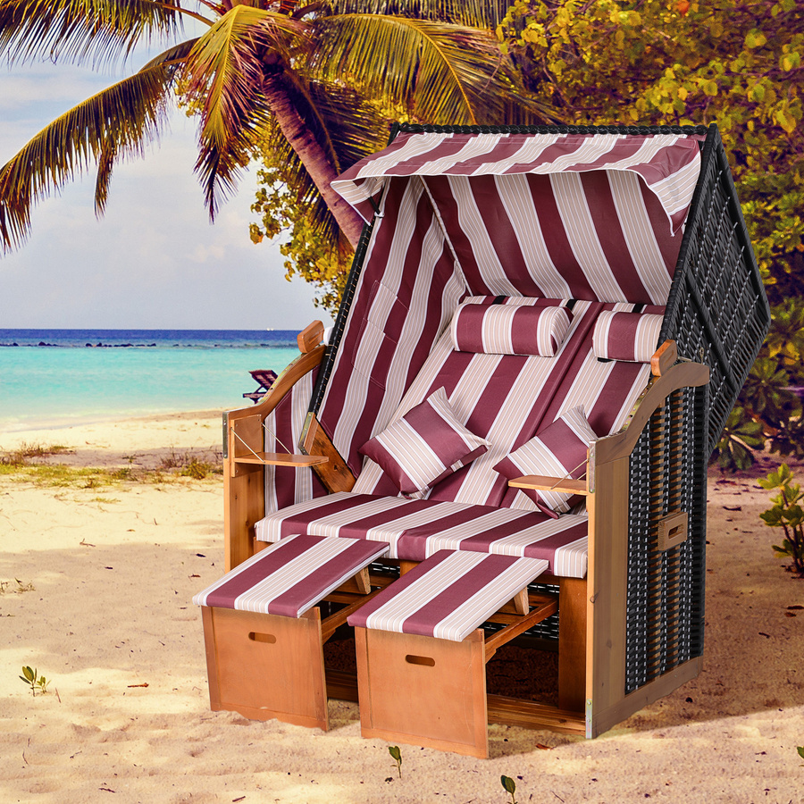 Outsunny Strandkorb Doppelte Sonnenliege mit Dach und Getränkehaltern aus Polyrattan, Rot-Weiß gestreift, B/T/H: 118 x 79 x 160 cm - Bild 2