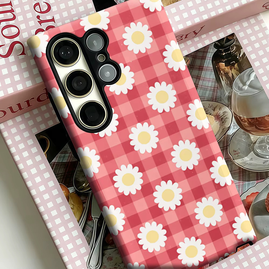 Stoßfeste Handyhülle mit Gänseblümchen und rotem Gingham Muster für Samsung Galaxy S25 Ultra, S24 und S23 Ultra Plus, robuste Doppelschicht Rückabdeckung in Rot - Bild 4