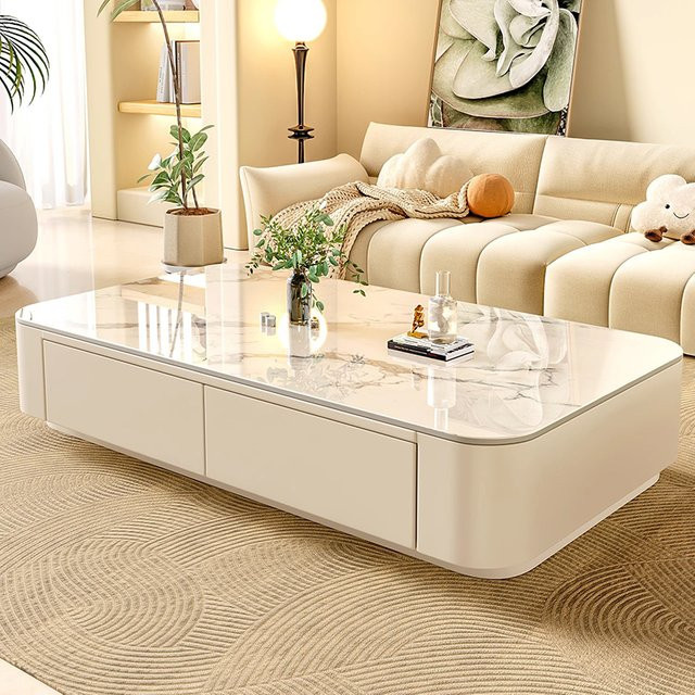 Moderner Couchtisch von DUTRIEUX in Transparent und Weiß mit Marmoroptik und Glasplatte, rechteckig und glänzend - Bild 1