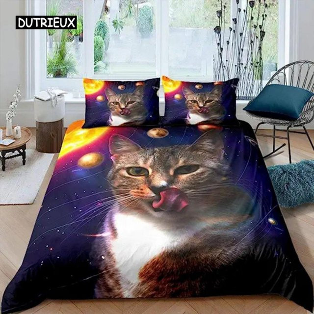 Bettwäscheset Galaxy Cats von Binchi Outdoor Product mit 3D-Katzen-Motiv aus Mikrofaser, Mehrfarbig, B/H: 140 x 200 cm - Bild 1