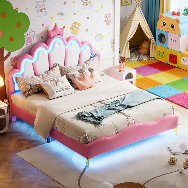 Superaly Polsterbett für Kinder in Pink mit kronenförmigem Polsterkopfteil, LED-Unterbettbeleuchtung und PU-Lederpolsterung, B/T: 140 x 200 cm - Bild 1