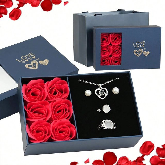 Romantische Blumen-Schmuckschatulle mit sechs Rosen und Fensteröffnung für Ringe, Armbänder und Anhänger - Bild 1