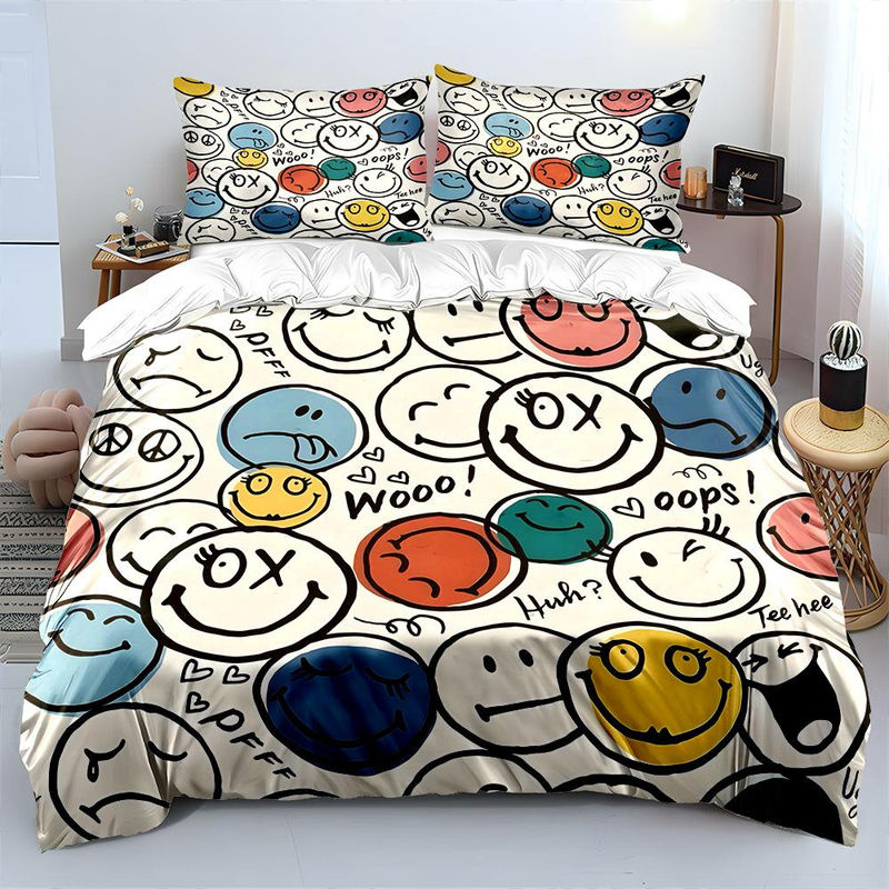 Flylo Bettwäsche-Set mit Cartoon-Smiley-Gesichter-Muster, Mehrfarbig, B/H: 135 x 200 cm - Bild 4