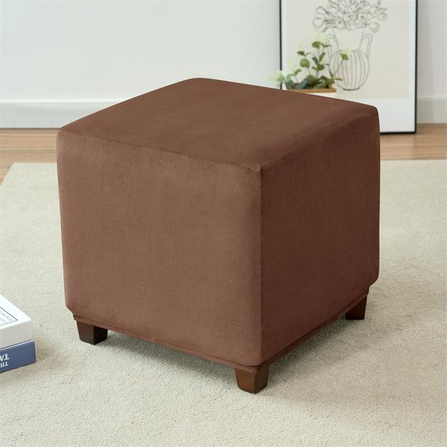 Yiran Furniture Samt Ottoman Hockerbezug in Braun, elastischer Hocker-Schutz aus weichem Samt für dein Wohnzimmer - Bild 1