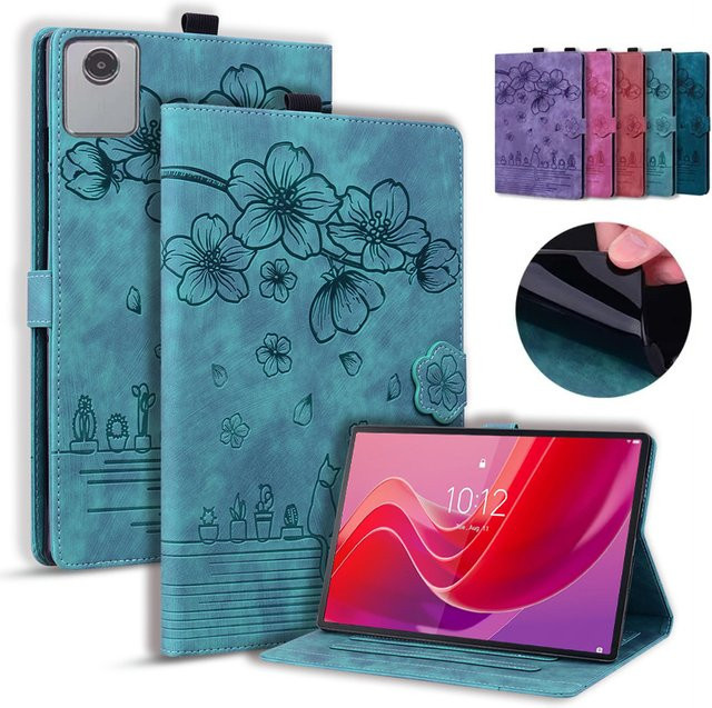 Lenovo Tab M11 Etui aus geprägtem PU Leder mit Brieftaschenfunktion und Standfunktion in Rot und Türkis - Bild 1