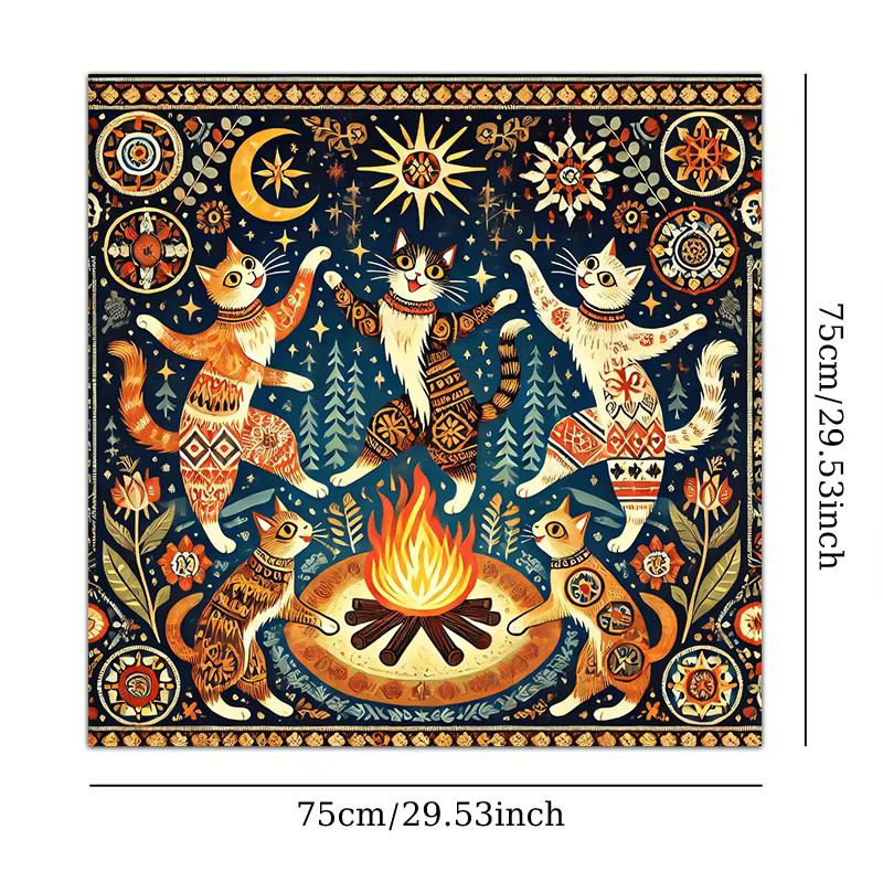 VIKAMA Quadratisches Altartuch im Fantasy-Bohemien-Stil mit Magischem Tanz, Katze und Sternmuster, Multicolour, B/B: 75 x 75 cm - Bild 4
