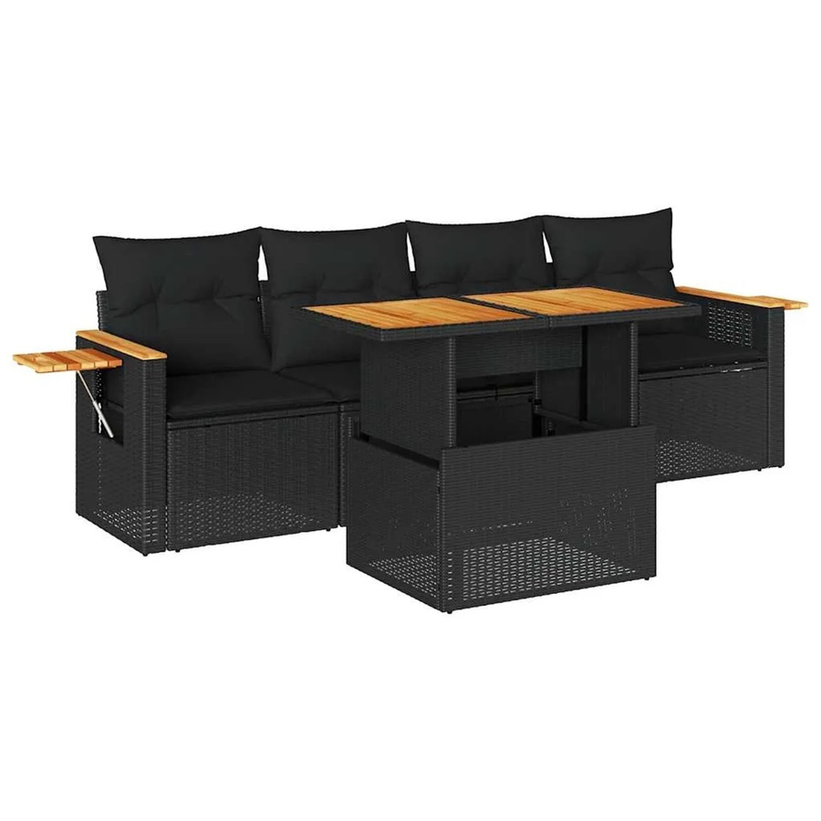 vidaXL 5-tlg. Garten-Sofagarnitur mit Tisch und Kissen, Schwarz, PE-Rattan, Akazienholz und pulverbeschichtetem Stahl - Bild 2