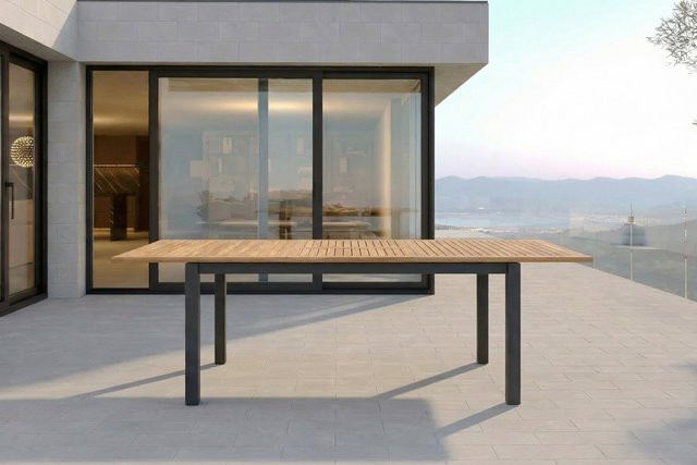 OUTFLEXX Premium Ausziehtisch mit Butterfly-Funktion, Anthrazit Matt, Alu und Teak, B/T: 150 bis 210 x 90 cm - Bild 1