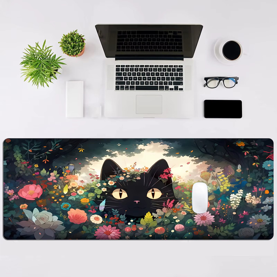 Großes Gaming-Mauspad mit schwarzen Katzen und Blumen in Schwarz-Multicolor, rutschfeste Schreibtischunterlage mit genähten Kanten und Gummiunterseite - Bild 4