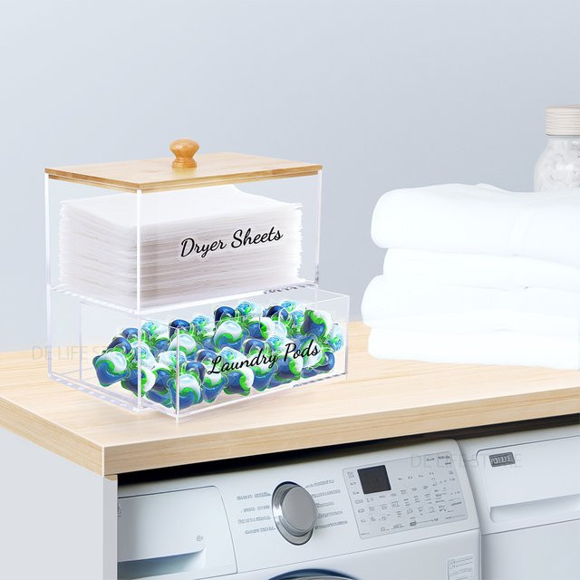 WudenCozfy Acryl-Wäschepads-Organizer mit Bambusdeckel, doppellagige Aufbewahrungsbox für Trocknerblätter, transparent - Bild 1