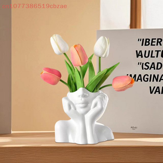 Künstlerischer Vinyl-Blumenpflanzer Thinking Girl im nordischen Stil, dekorative Pflanzschale in Weiß - Bild 1
