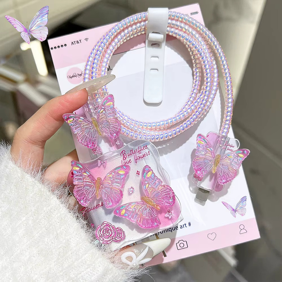 TAOYUNXI Schutzhülle für iPhone 18W/20W Ladekabel mit Pink Butterfly Design, kratzfester Kabelschutz und Kabelwickler in Pink - Bild 2