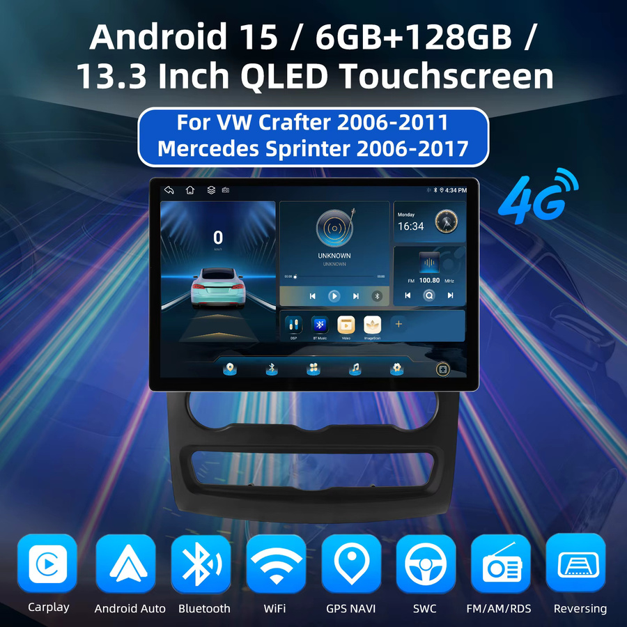 MOPECT Android 15 Autoradio für VW Crafter 2006-2011 und Mercedes Sprinter 2006-2017, 13,3 Zoll Touchscreen, 6+128GB, kabelloses CarPlay, GPS-Navigation, 4G, Bluetooth, DAB und AHD, Schwarz - Bild 2