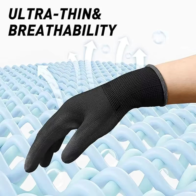 Schwarze Sicherheitsarbeitshandschuhe aus atmungsaktivem Nylon mit rutschfester PU-Beschichtung für Gartenarbeit, Holzbearbeitung und Industrie - Bild 2