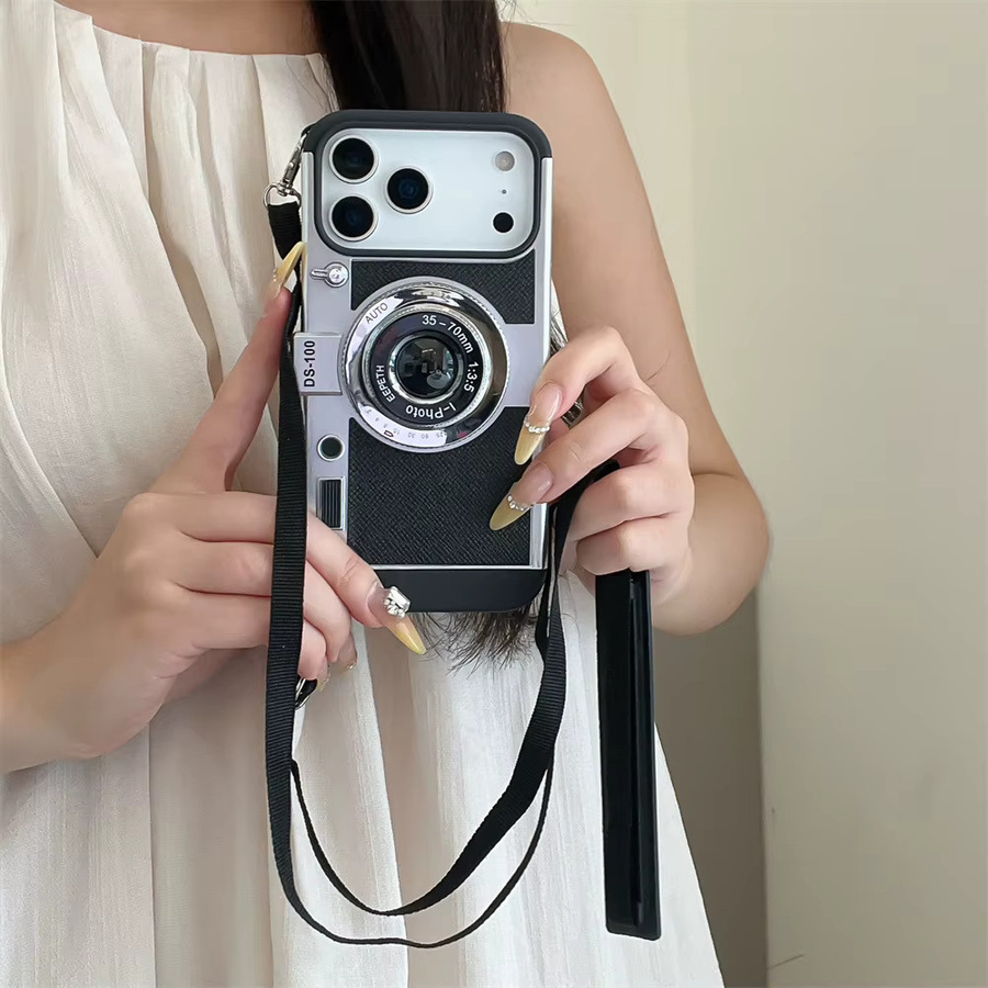 szHAIyu 3D Retro Kamera Handyhülle mit Crossbody Lanyard für iPhone, Farbe: Schwarz - Bild 4