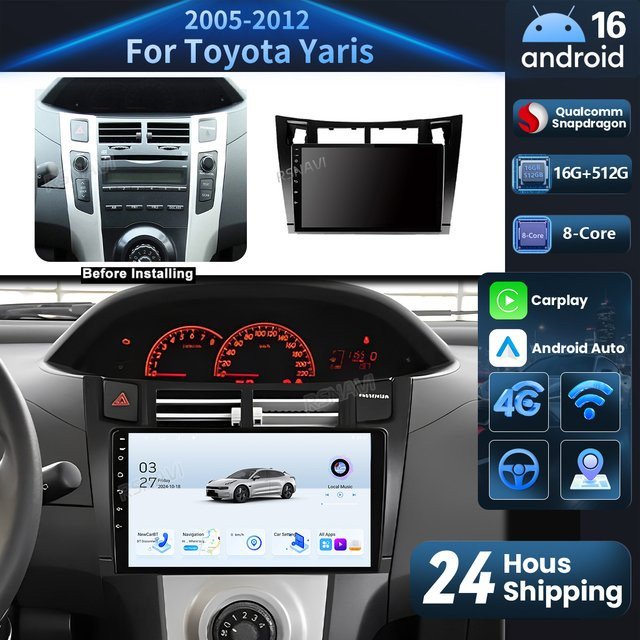 AIXNAVIS Android 16 Autoradio mit 2K QLED Bildschirm für Toyota Yaris XP90 2005 - 2012, Multimedia-Player mit 16G - 512G Speicher, WIFI und 4G, Schwarz - Bild 1