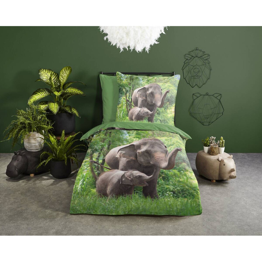 Good Morning Bettwäsche Elephants aus Baumwolle, Grün, B/L: 135 x 200 cm und 80 x 80 cm - Bild 2