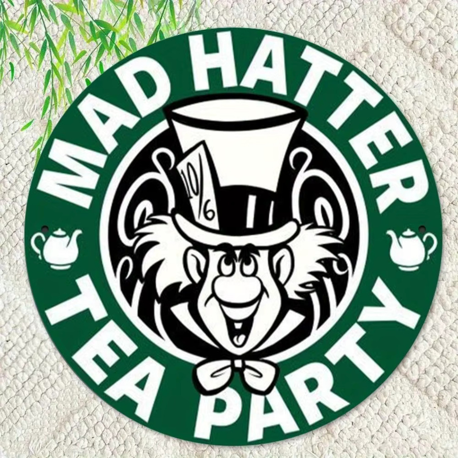 Mad Hatter Tea Party Metallblechschild von Potdemiel, rundes Wandkunst-Schild in Grün und Weiß, Durchmesser: 20 cm - Bild 3