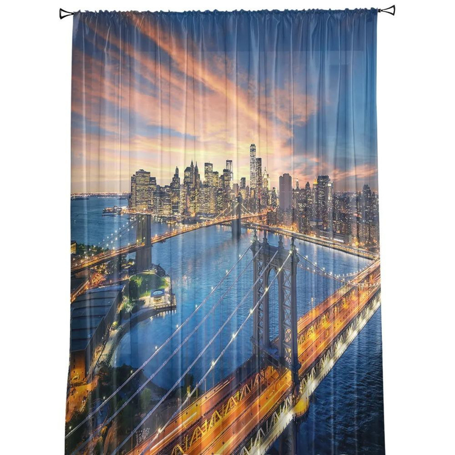 Yiran Furniture Urban Bridge Brooklyn Sonnenuntergang Transparente Fenstervorhänge aus Organza und Voile, B: 135 cm, H: 115 cm - Bild 1