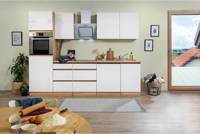 Respekta Küchenzeile modern ohne E-Geräte in Weiß Hochglanz und Eiche Sägerau, B/T/H: 280 x 60 x 220,5 cm - Bild 1
