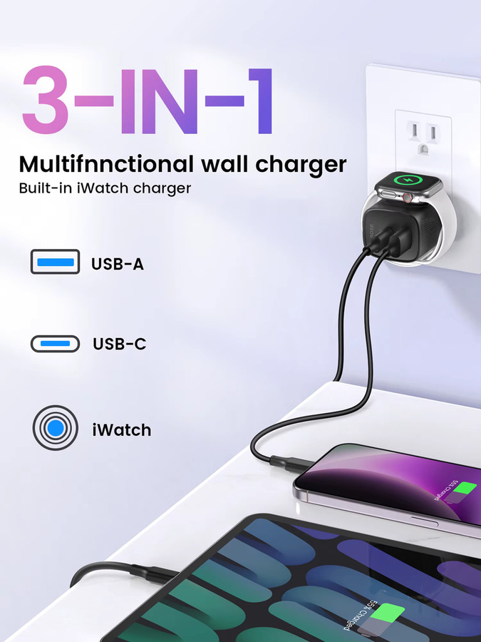 TOPADRE 3 in 1 PD USB-C Schnellladestation für Apple Watch, iPhone und iPad mit 20 W Wandladestecker in Schwarz - Bild 5