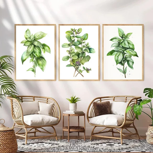 Potdemiel Wandbild Aquarell Kräuter Basilikum Oregano Rosmarin Leinwanddruck Botanik Wanddeko Grün - Bild 1