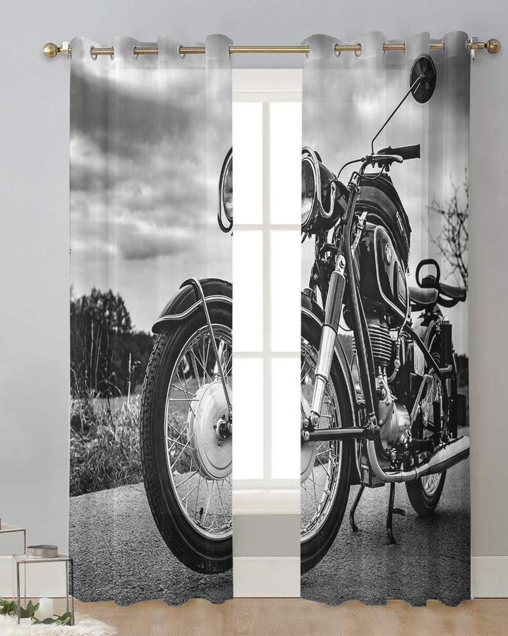 Vintage Motorrad Transparentes Tüll-Fenstervorhang aus Organza für Wohnzimmer und Küche, Breite: 135 cm, Höhe: 115 cm - Bild 3