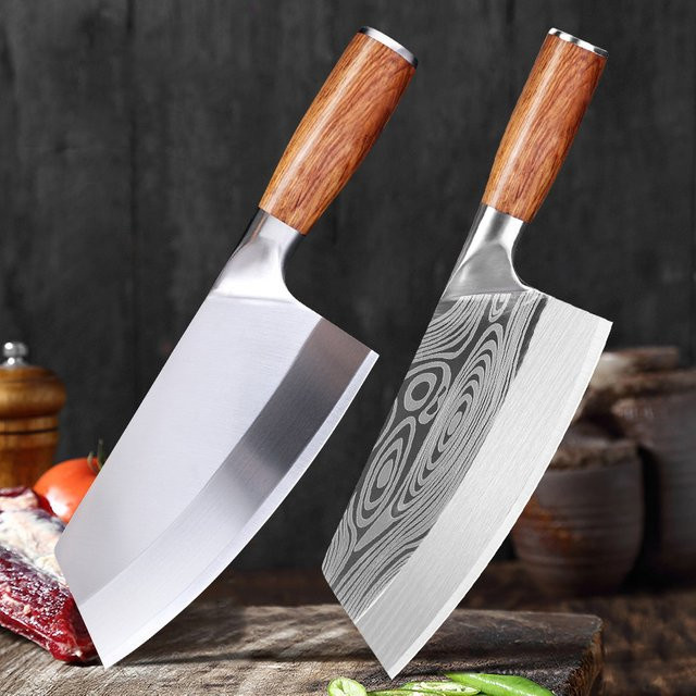 InLeung Fleischhackmesser aus Edelstahl mit Damaskus-Muster und Holzgriff in Silber - Bild 1