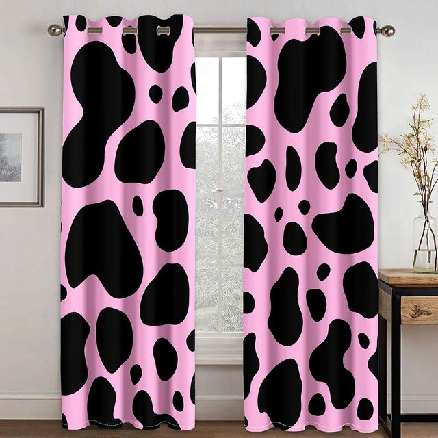 Zweiteiliges Vorhang-Set mit Kuhmuster in Schwarz, Weiß, Rosa und Blau, halbtransparentes Fensterdekor aus Polyester für Wohnzimmer, Schlafzimmer und Küche, Breite: 50 cm, Höhe: 130 cm pro Paneel - Bild 1