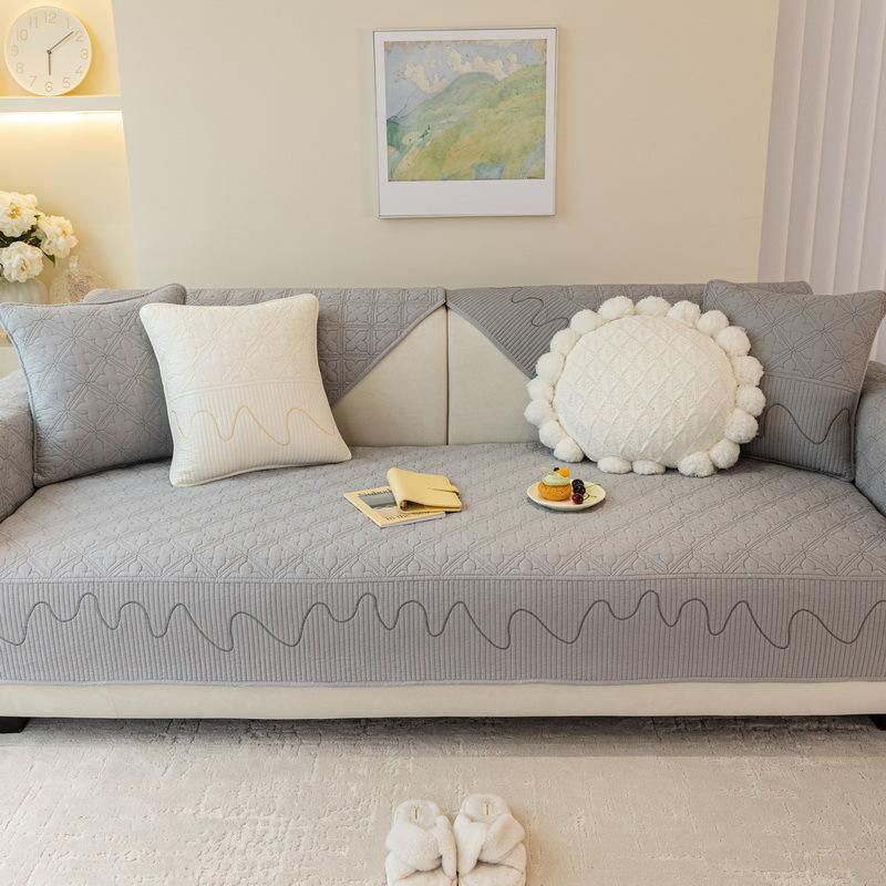 Baumwoll-Sofa-Kissen mit Linienstickerei in Creme, rutschfestes Design für dein Dreisitzer-Sofa, B/B: 70 x 70 cm - Bild 2