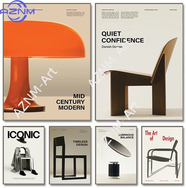 KAYOU Bauhaus Wandkunst Leinwandgemälde mit Mid-Century Stühlen im abstrakten Grafikdesign - Bild 1