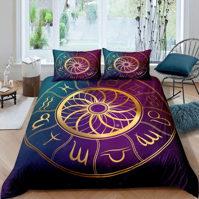 Bettwäsche Set mit Sternbild Tierkreiszeichen und Sternenhimmel von Your Warm Home in Gold und Lila, B/H: 135 x 200 cm - Bild 1