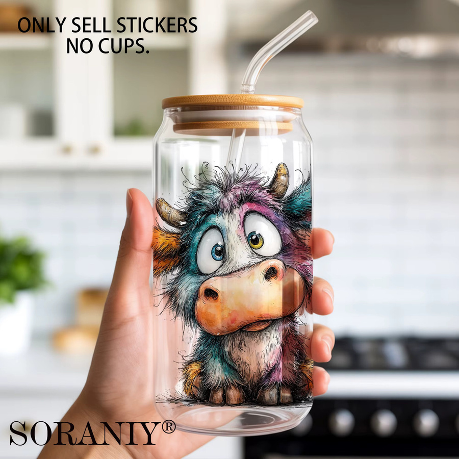 UV DTF DIY Transferaufkleber Highland-Kuh Camping-Motiv, 5er Set, Multicolor, für 16oz Becher - Bild 5