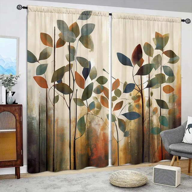 2er-Set Vorhang mit Kunstblatt-Aufdruck von Household supplies MH in Beige, halbtransparent mit Stangentasche, B: 52,5 cm, H: 116 cm - Bild 1