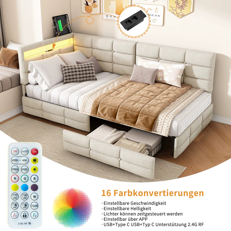 Rosahqnda Kinderbett aus Leinenstoff in Beige mit USB-Anschluss, LED-Beleuchtung und 2 Schubladen, B/T/H: 90 x 200 cm - Bild 1