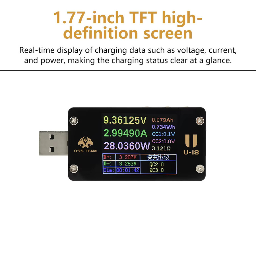 Aideepen USB-C Voltmeter und Amperemeter mit 1,77 Zoll Display zur Schnellladungerkennung für PD/QC2.0/QC3.0 in Schwarz - Bild 3