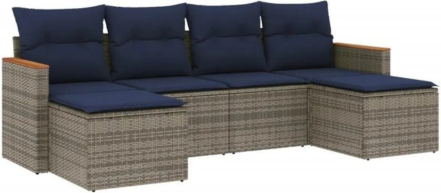 vidaXL 6-tlg Gartensofa-Set in L-Form aus Polyrattan mit Kissen in Grau und Blau - Bild 1