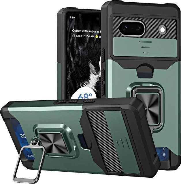 Stoßfeste Kartenhalterhülle für Google Pixel 10 Pro 10 9 Pro XL 8 7A 7 6A Pro mit Schiebefach für Kamera und Geldbörse sowie Schutzring und Ständer in Grün - Bild 1
