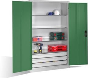 C+P Werkzeugschrank mit Drehtüren, 4 Böden, 3 Schubladen und Schloss, Resedagrün und Lichtgrau, H x B x T: 195 x 120 x 50 cm - Bild 1
